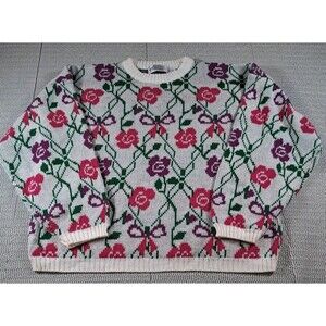 Vtg Y2K Chateau Sweater Women’s L Rose Bows Whimsy Granny 90s Chunky Knit